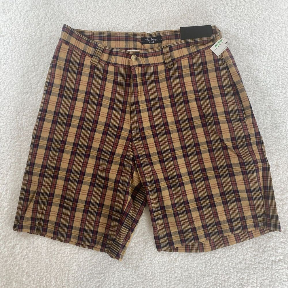 NWT Alan Flusser Golf Shorts Mens 32 Brown Plaid Cotton Flat Front 11046